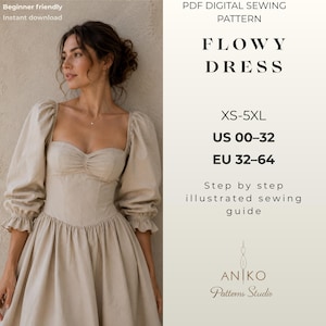 May include: A PDF digital sewing pattern for a flowy dress, sizes XS-5XL, US 00-32, EU 32-64. Includes a step by step illustrated sewing guide from Aniko Patterns Studio. The dress features a sweetheart neckline, gathered bodice, and puff sleeves.