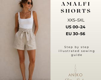 Linen Shorts Sewing Pattern PDF, High Waist Shorts Pattern, Tie Belt Shorts, Beginner Sewing Pattern, XXS-5XL