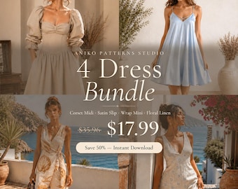 4 Dress Sewing Pattern Bundle Pdf | Summer Dress Patterns | Corset Midi, Satin Mini, Wrap & Slip Dress | Sizes XXS-XXL | A4, A0, Letter