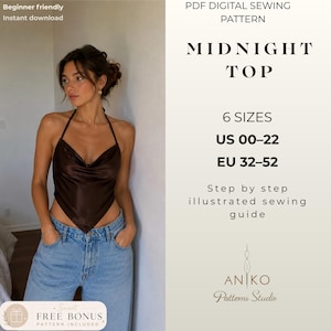 Könnte beinhalten: Ein digitales PDF-Schnittmuster für ein Midnight Top, bestehend aus einem dunkelbraunen Neckholder-Top mit Wasserfall-Ausschnitt. Das Schnittmuster umfasst 6 Größen von US 00-22 und EU 32-52 sowie eine bebilderte Schritt-für-Schritt-Anleitung.