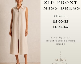 Zip Front Midi Dress Sewing Pattern, Front Zipper Dress PDF Pattern, Sleeveless Shift Dress, Sizes XXS-5XL