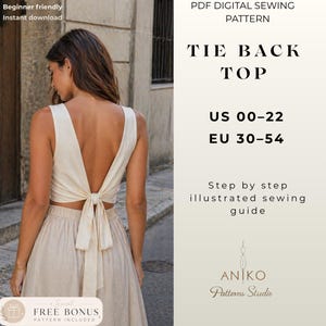 Tie Back Top Sewing Pattern, Women's Open Back Blouse PDF (Beginner Friendly)