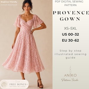 Peut inclure: Un patron de couture numérique PDF pour la robe Provence, tailles XS-5XL, US 00-32, EU 30-62. L'image montre une robe midi rose à motifs floraux avec des manches volantées, un décolleté en cœur et un corsage croisé. Guide illustré étape par étape.
