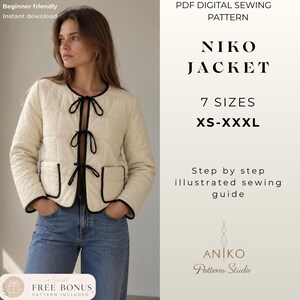 Quilted Jacket Sewing Pattern PDF, Women’s Tie Front Coat with Patch Pockets, Beginner Friendly, Sizes XS–XXXL А4 ,A0