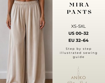 Wide Leg Pants Sewing Pattern PDF | Palazzo Pants with Elastic Waist | High Waist Trousers | Beginner Pattern | US 00-32 XS-5XL