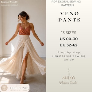 Puede incluir: Patrón de costura digital en PDF para pantalones Veno, con 13 tallas de US 00-30 y EU 32-62. La guía incluye instrucciones ilustradas paso a paso. La imagen muestra un top cruzado color óxido y pantalones anchos de color crema.
