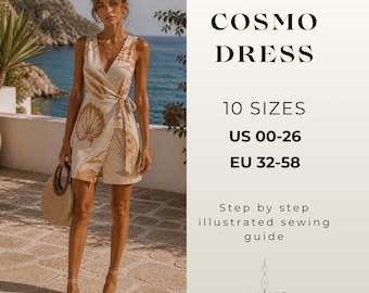 Cosmo Wrap Dress Sewing Pattern PDF, Summer Vacation Dress, Mini Dress Pattern, Easy Sewing, Women Sizes US 00-26, Instant Download