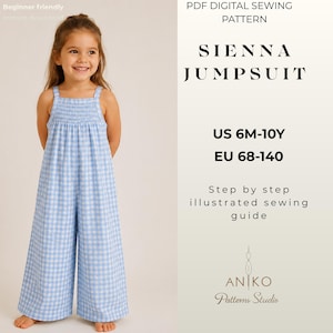 Sienna Kids Overall Symönster PDF, Flickoverall med Vida Ben, Babysmåbarnssparkdräkt, Nybörjarmönster, 6 månader–10 år