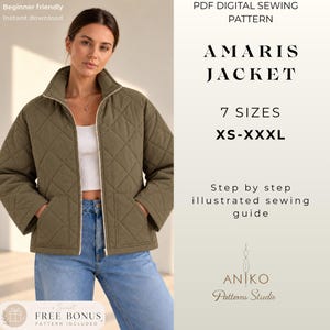 Quilted Jacket Sewing Pattern for Women, Oversized Zip-Front Jacket PDF with Patch Pockets, Fully Lined, Sizes XS–3XL