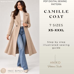 May include: A PDF digital sewing pattern for the Camille Coat, available in 7 sizes from XS to XXXL. The pattern includes a step-by-step illustrated sewing guide from Aniko Patterns Studio, featuring a beige coat with a flared silhouette.