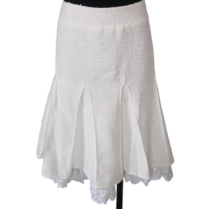 Louis Verdad Cream Textured Skirt, Pleated Flare with White Lace Ruffle, Medium