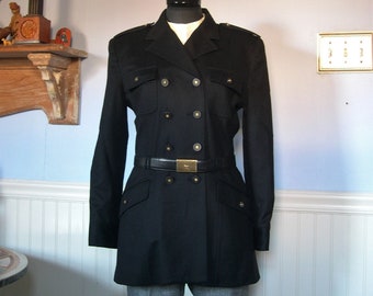 Wathne jacket, black wool, military style double breasted blazer, Small