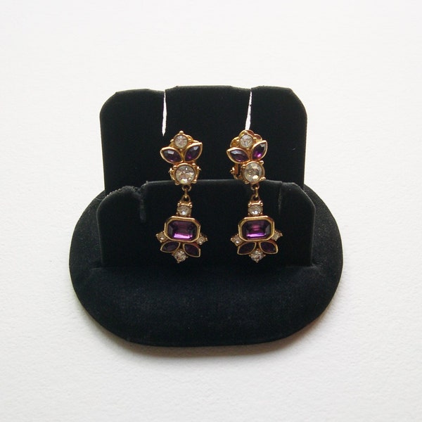 Vintage faux amethyst/diamond drop earrings, clip on closure, 1980's