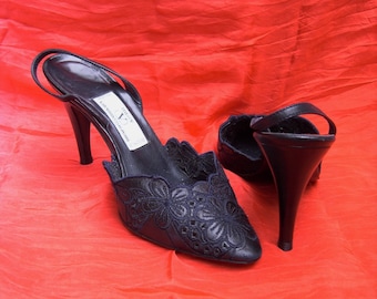 Vintage Valentino sling back heels: navy leather lace pattern vamps , 36 1/2