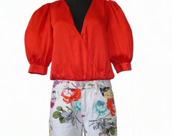 House of Harlow 1960 x Revolve blouse• Orange‑Red Silky Surplice Bodysuit Puff Sleeve• S