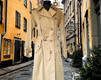 Vintage Up-cycled trench coat, tan Nova plaid lining, small-med