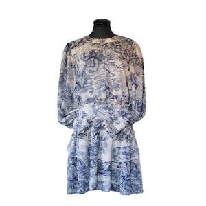Urban Cottage ruffle dress, blue/Ivory chiffon Provence toile print , blouson, drop waist, knee length, Cottage Chic, feminine/flirty