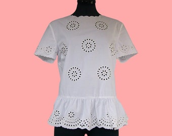 Valentino  blouse, white cotton embroidered eyelet top, size 10