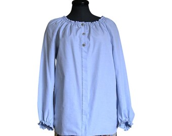 Maje Blue Cotton Blouse• Gathered Neck• Crystal Buttons• Small-Med