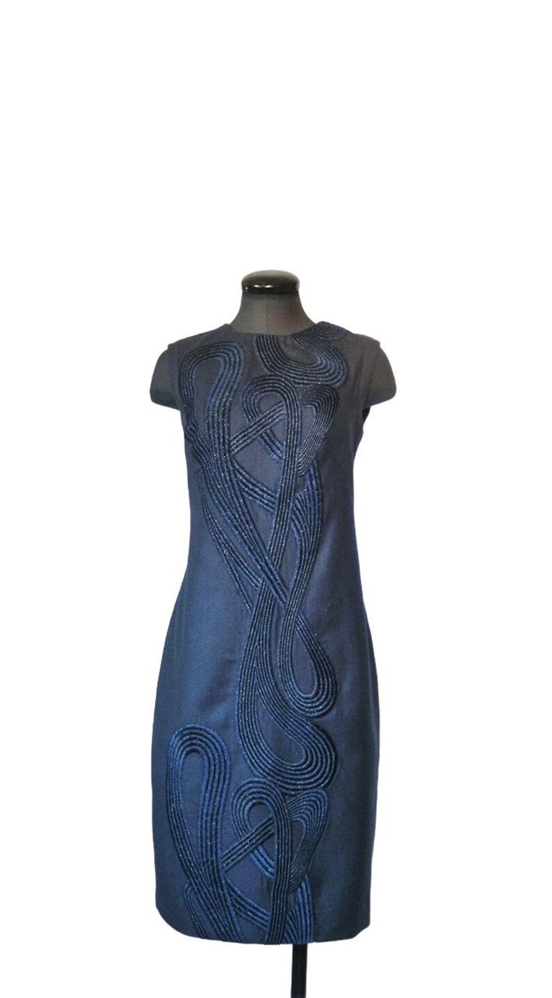 Navy Blue Designer Dress, Vintage, Lame' Cording Embellishment, Wool