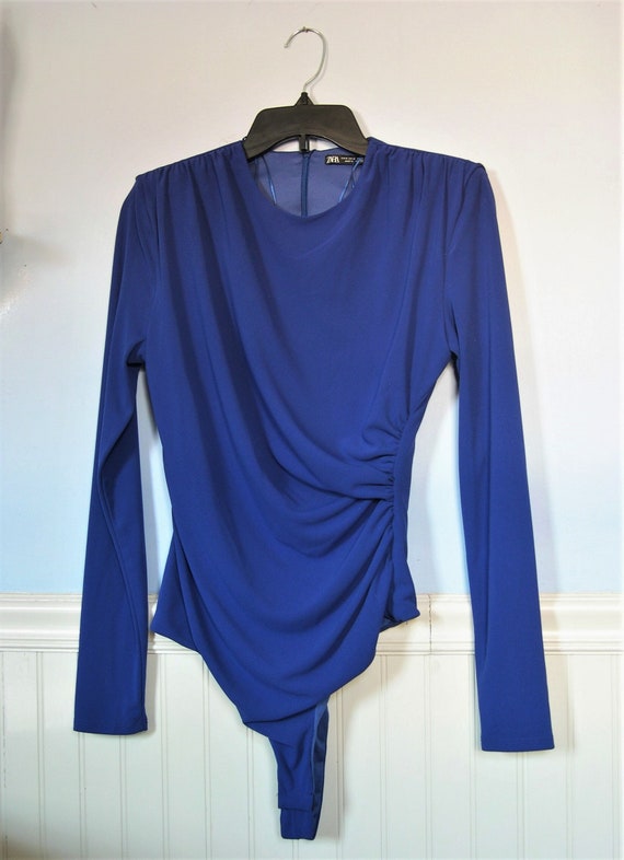 Zara body suit, bright indigo surplice top, size m