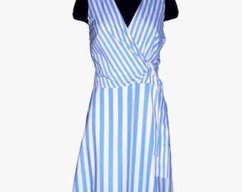 Vintage Ann Taylor Blue Stripe Cotton Fit Flare Dress • Crossover Bodice