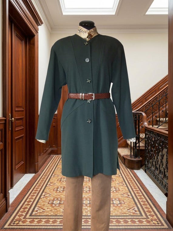 Jean Muir, Jean Muir 1980s Wool Crepe Coat: Geometric Panels, Forest Green size 10