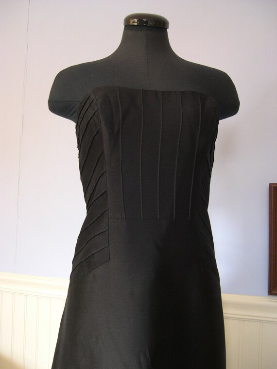 Nicole Miller Black Satin Dress Strapless Pin Tuck Geometric