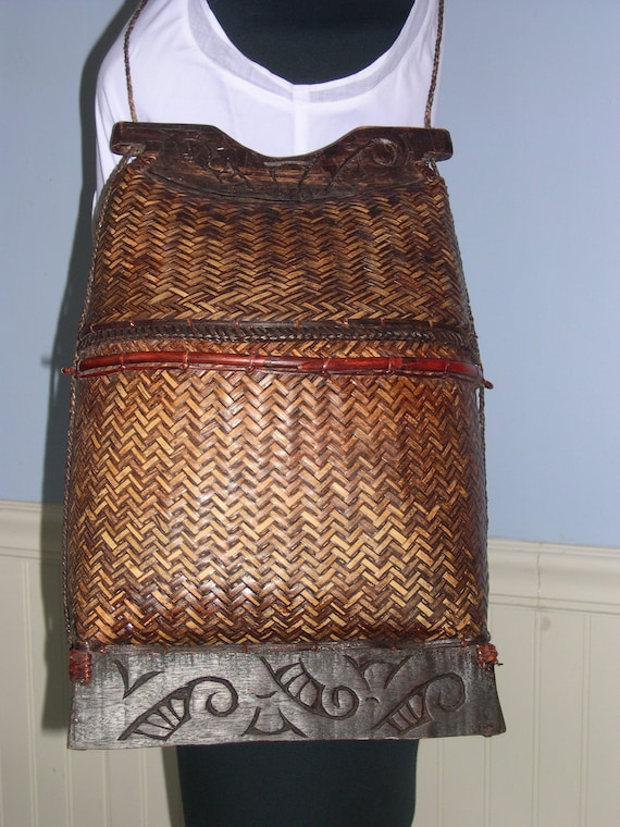 Vintage wicker fish basket/handbag , Thai brown wo