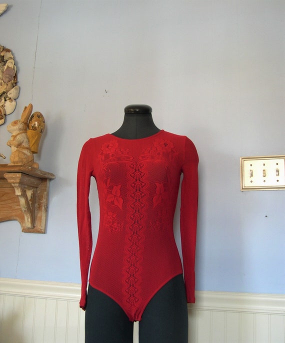 Wolford bodysuit, red floral lace, long sleeve, size medium