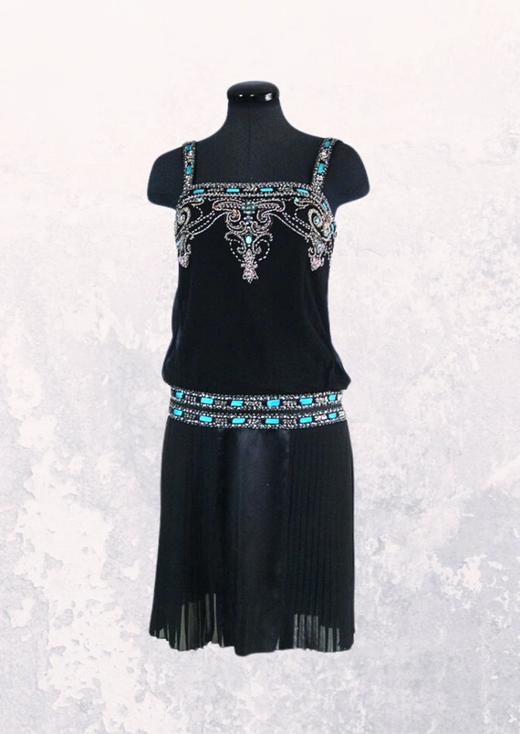 Sue Wong nocturne dress, black silk, turquoise rib