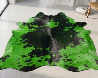 Tapijt van koeienhuid groen zwart geverfd koeienhuid tapijt, haar op handgemaakt leren tapijt van koeienhuid