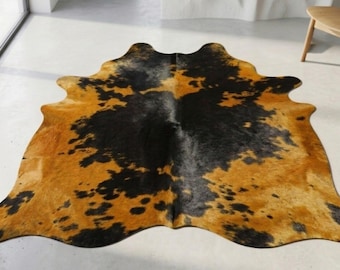 Alfombra de piel de vaca amarilla y negra, pelo teñido sobre piel, alfombra de cuero genuino de lujo para la decoración del hogar.