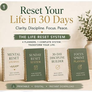May include: Four spiral-bound planners with gold coils are displayed. The planners are titled "Mental Reset Journal", "Sunday Reset System", "30-Day Discipline Builder", and "Focus Sprint Planner". The text "Reset Your Life in 30 Days" is at the top of the image.