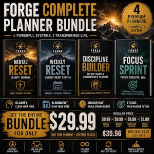 Può includere: Un pacchetto completo di planner con quattro planner premium. Il pacchetto include planner per il ripristino mentale, il ripristino settimanale, il costruttore di disciplina e lo sprint di concentrazione.