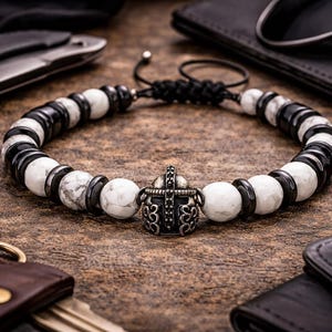 Gladiator Bracelet Men Beaded Handmade Jewelry Viking Warrior Charm Adjustable Wristband Unique White Howlite Stones Shamballa Gift Black