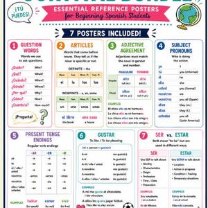 May include: A Spanish I Survival Bundle educational poster featuring seven sections on grammar topics including question words, articles, adjective agreement, subject pronouns, present tense endings, gustar, and ser versus estar with colorful text.