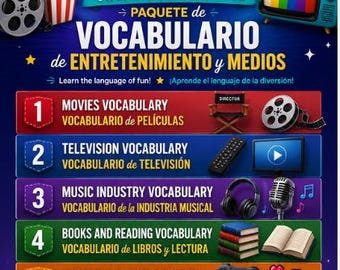 Paquete de vocabulario en español sobre entretenimiento y medios de comunicación: películas, televisión, música, libros y videojuegos. Pósteres para aprender inglés y español.