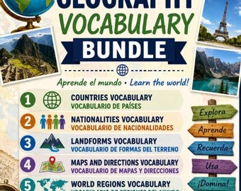 Paquete bilingüe de vocabulario geográfico: países, regiones, mapas y accidentes geográficos.