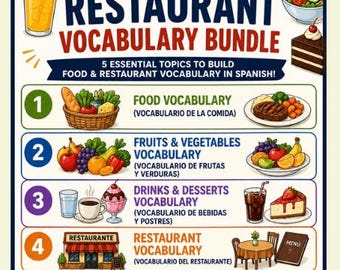 Español I Paquete de vocabulario sobre comida y restaurantes para principiantes Comida Bebidas Postres Frutas Verduras y expresiones relacionadas con la mesa