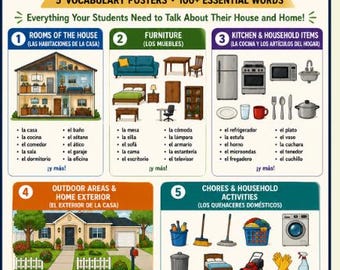 Español I: Vocabulario sobre la casa y el hogar: Habitaciones, muebles, cocina, tareas domésticas y actividades del hogar.