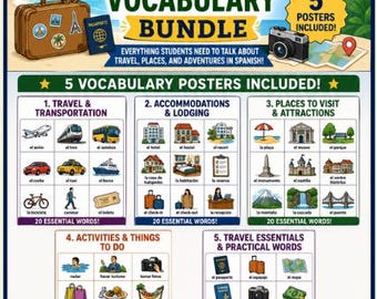 Paquete de vocabulario de vacaciones y turismo en español: viajes, hoteles, atracciones, actividades y palabras prácticas.