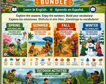 Paquete de actividades sobre las estaciones y la naturaleza en español: pósteres de primavera, verano, otoño, invierno y diversión al aire libre.