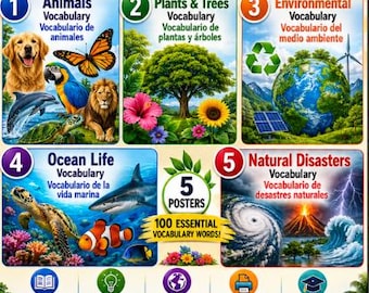 Paquete de vocabulario sobre naturaleza y medio ambiente en español: 5 pósteres bilingües inglés-español