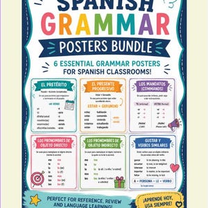 May include: A bundle of six educational posters for Spanish grammar, featuring colorful headers and text. The posters cover topics like El Pretérito, El Presente Progresivo, Los Mandatos, Los Pronombres de Objeto Directo, Los Pronombres de Objeto Indirecto, and Gustar y Verbos Similares, with decorative bunting at the top.