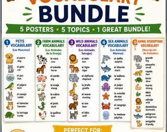 Paquete de 5 pósteres bilingües de vocabulario español-inglés sobre animales para el muro de palabras.