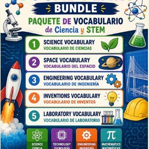 May include: A bilingual educational poster titled Science & STEM Vocabulary Bundle featuring five numbered sections with icons for science, space, engineering, inventions, and laboratory topics, plus four STEM category squares and a website footer.