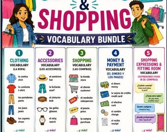 Paquete de vocabulario español sobre ropa y compras, accesorios de moda, dinero, pagos y expresiones comerciales.