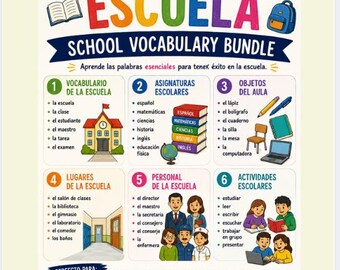 Paquete de vocabulario escolar en español: Asignaturas, objetos del aula, ubicaciones, personal y carteles de actividades.