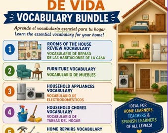 Paquete de vocabulario bilingüe para el hogar: habitaciones, muebles y tareas domésticas.